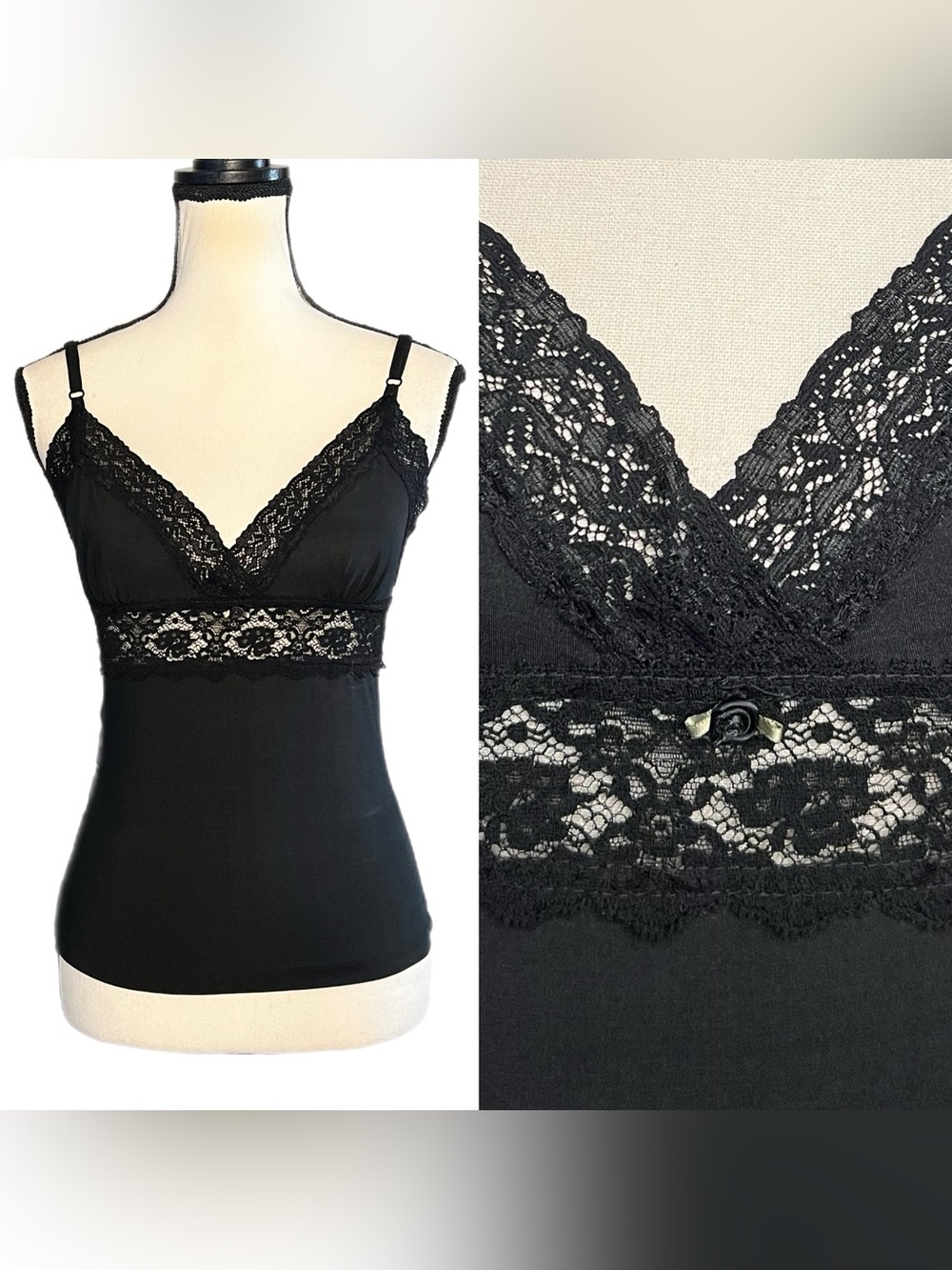Vintage 90s Betsey Johnson Black Tank Top Camisole w/ Sheer Lace & 3D Rosebud